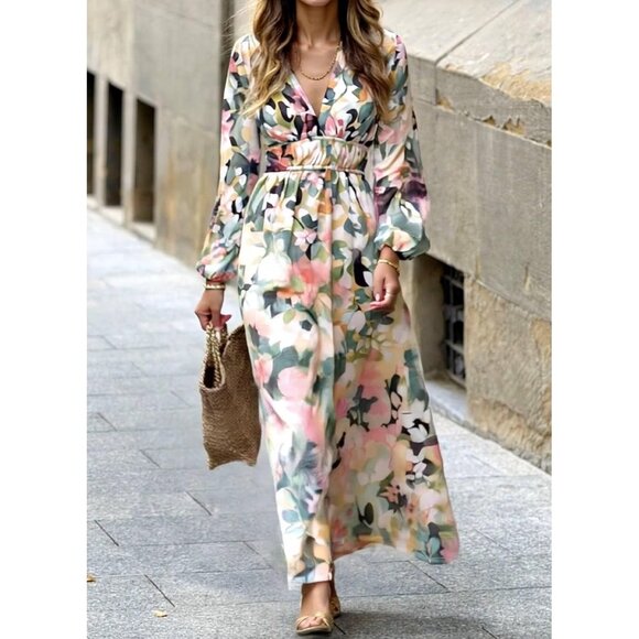 Women's Floral Long Sleeve Maxi Dress V-Neck Boho Fall Wedding Guest - Picture 3 of 6